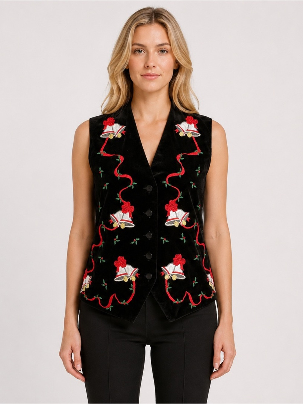 Karen Scott Black Velvet Christmas Vest Silver Bells Red Ribbon Accents Size L